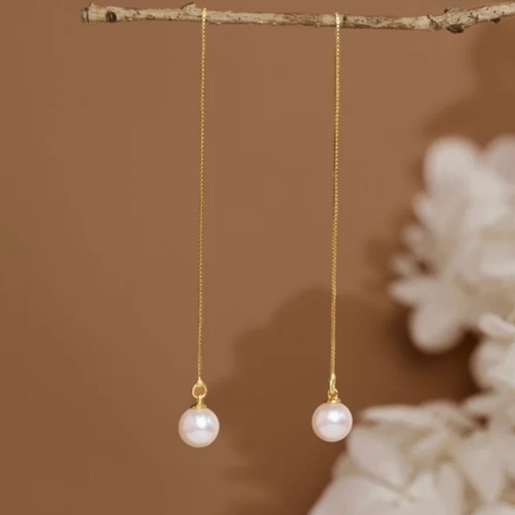 Handmade long drop freshwater pearl earrings with 18k gold fill dangle chain - Picture 4 of 10